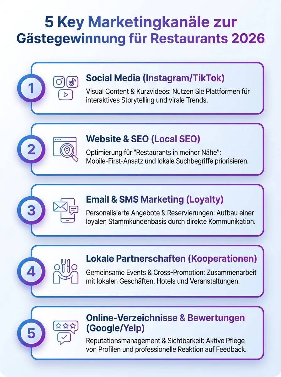 Infografik: 5 wichtigste Marketingkanäle zur Gästegewinnung für Restaurants 2026